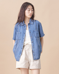 Hong Kong-style Single-breasted Lapel Short-sleeved Denim Shirt