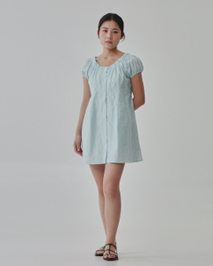 Button Down Embroidered Puffy Sleeve Dress