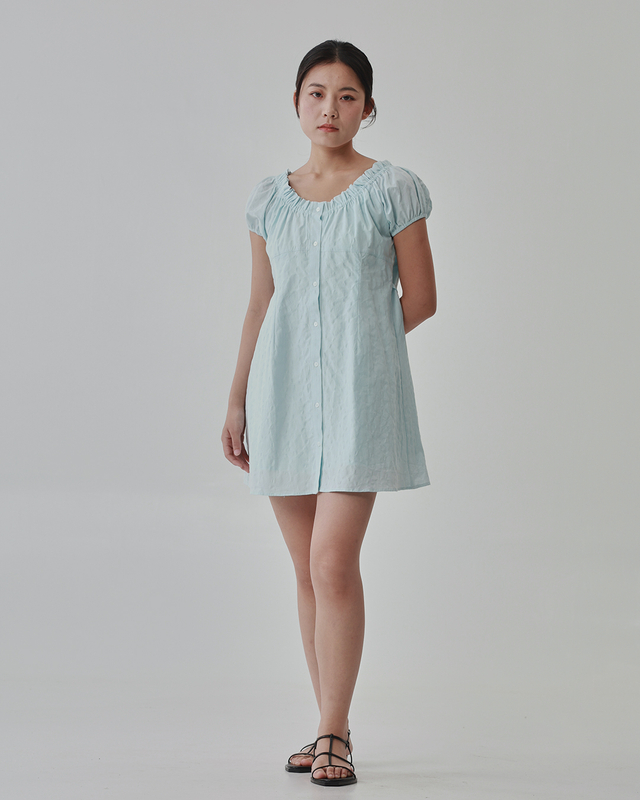 Button Down Embroidered Puffy Sleeve Dress