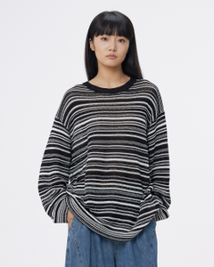 A Simple Round-neck, Color-blocking Striped Knitted Sweater